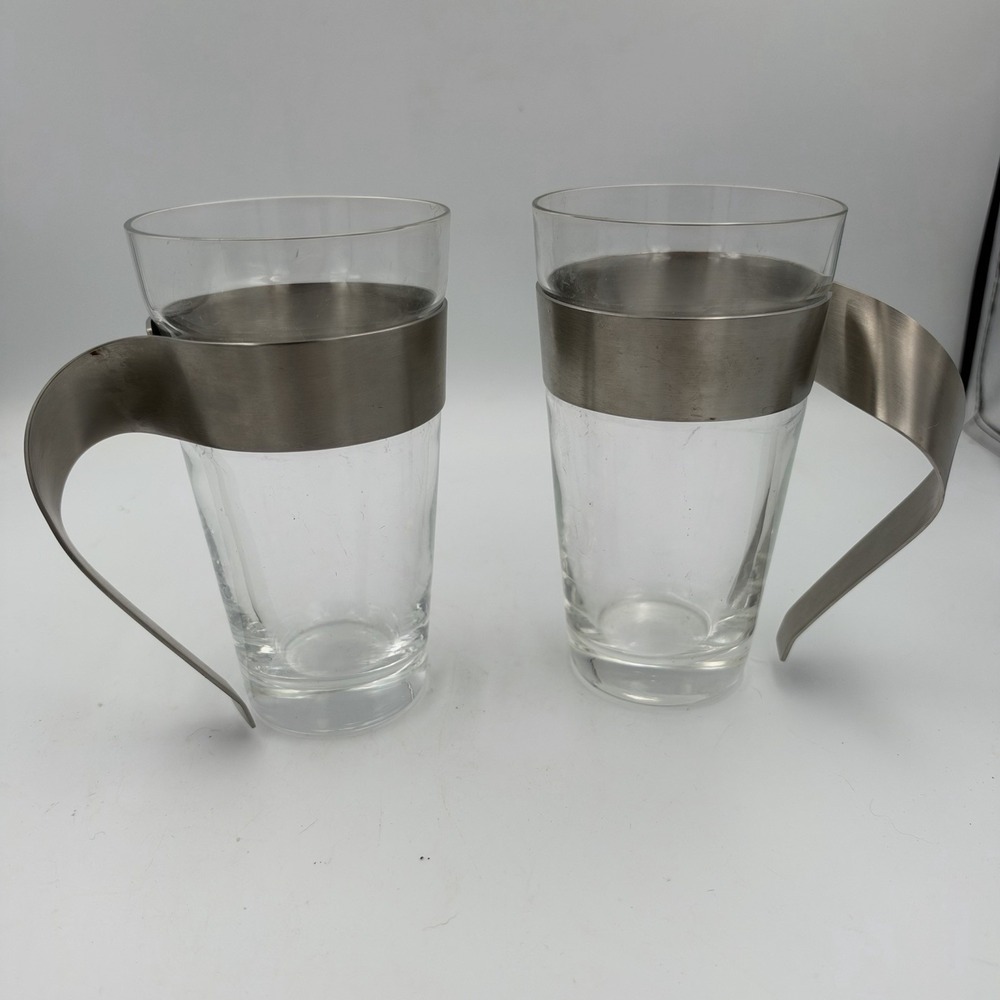 Villeroy & Boch New Wave 16oz Glass Macchiato Mugs Stainless Handles Set of 2